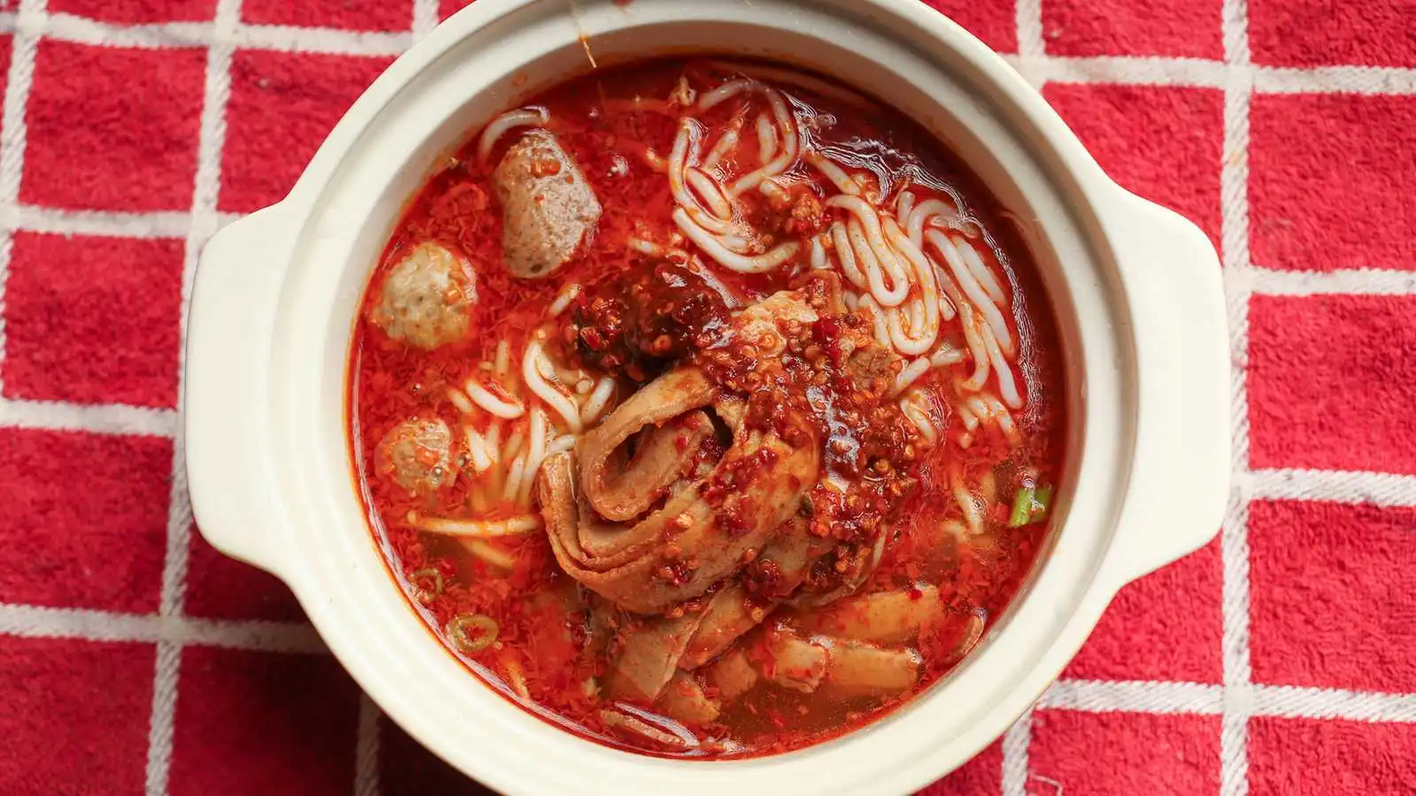 Spicy Hue-style beef noodle soup Bun Bo Hue at Vietnam Fortune Restaurant in Kensington, Calgary, AB